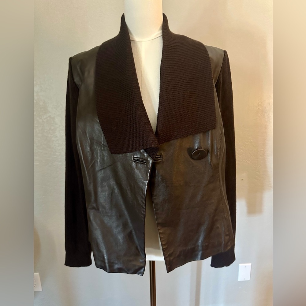Vintage 90s Chocolate Brown Revue Leather and Knit Jacket M-L
